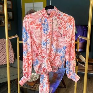 Rachel Zoe pink and blue blouse size small keyhole and tie up